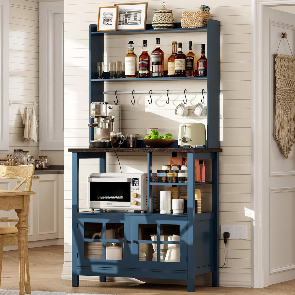 ChooChoo Farmhouse Coffee Bar Cabinet with Storage, Bakers Rack with Power Outlets, Microwave Stand Kitchen Cabinet with Hutch and 6 Hooks, Blue