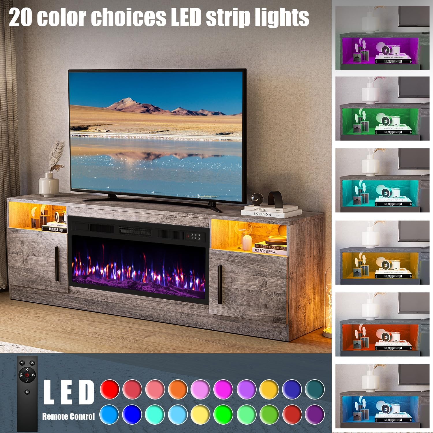 VITESSE TV Stand with 36" inch Electric Fireplace Up to 80" TVs, LED Light Entertainment Center, 70" Modern Wood High Gloss Fireplace with Highlight Storage Cabinet for Living Room (Grey)