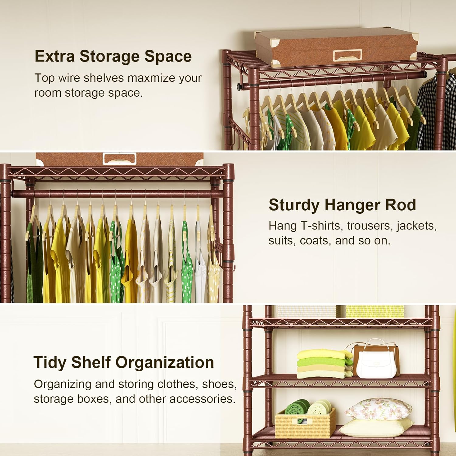 Ulif E1 Heavy Duty Closet Garment Rack, 6 Tiers Adjustable Metal Freestanding Expandable Clothing Storage with 4 Hanger Rods, Easy to Assemble Wardrobe, 71.4" H x (70" - 88.2") L x 14" D, Bronze