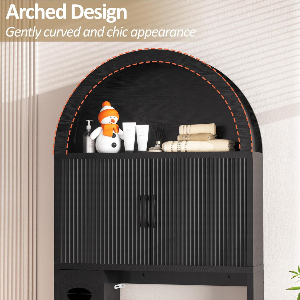 Spurgehom Over The Toilet Storage Cabinet, Bathroom Shelf Organizer Freestanding, Bathroom Arch Cabinet Over Toilet with Toilet Paper Holder and Anti-Tipping Device, Black