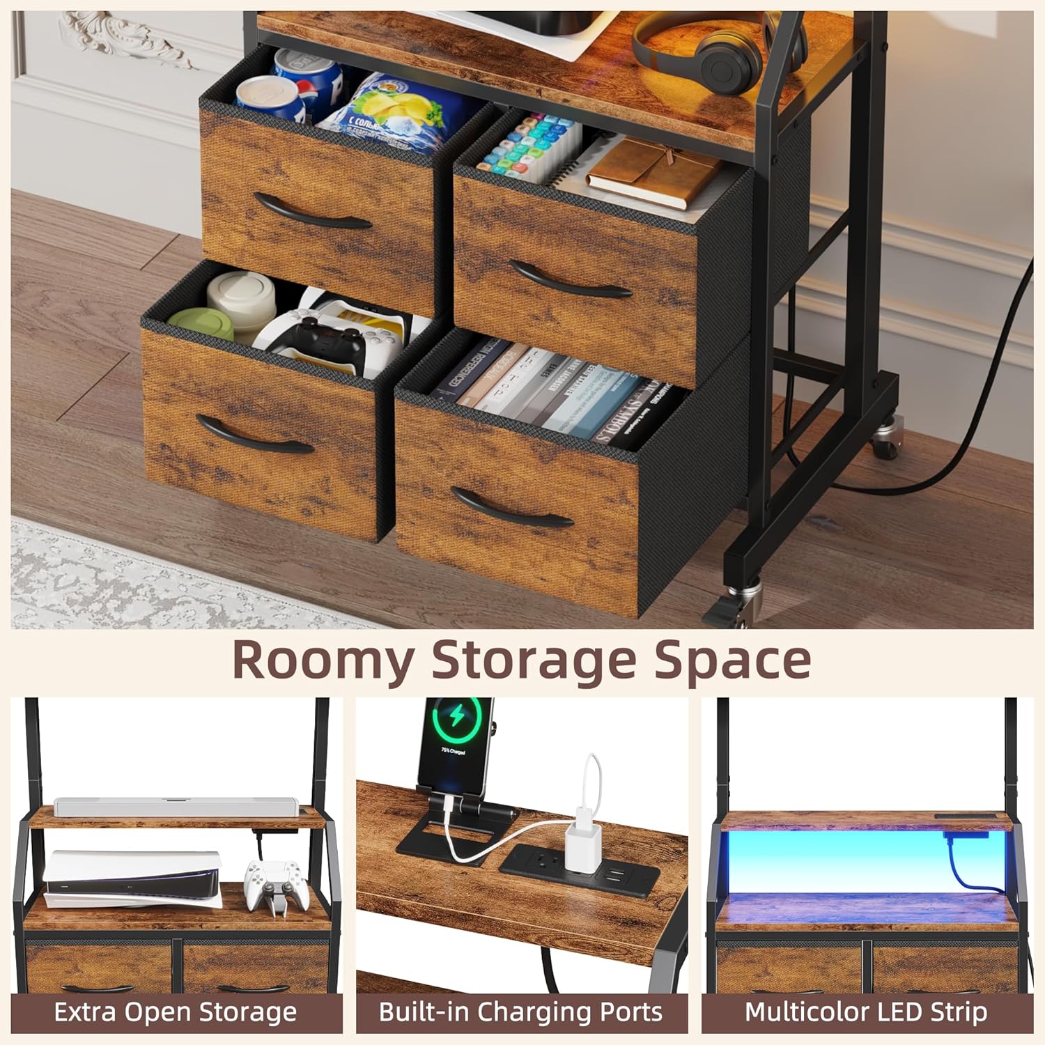 Rolling TV Stand with Mount & 4 Fabric Drawers - TV Stand with Wheels for 32-75" TV, Entertainment Center & Console Table for Living Room or Bedroom, Modern Television Stand with Storage, Rustic Brown