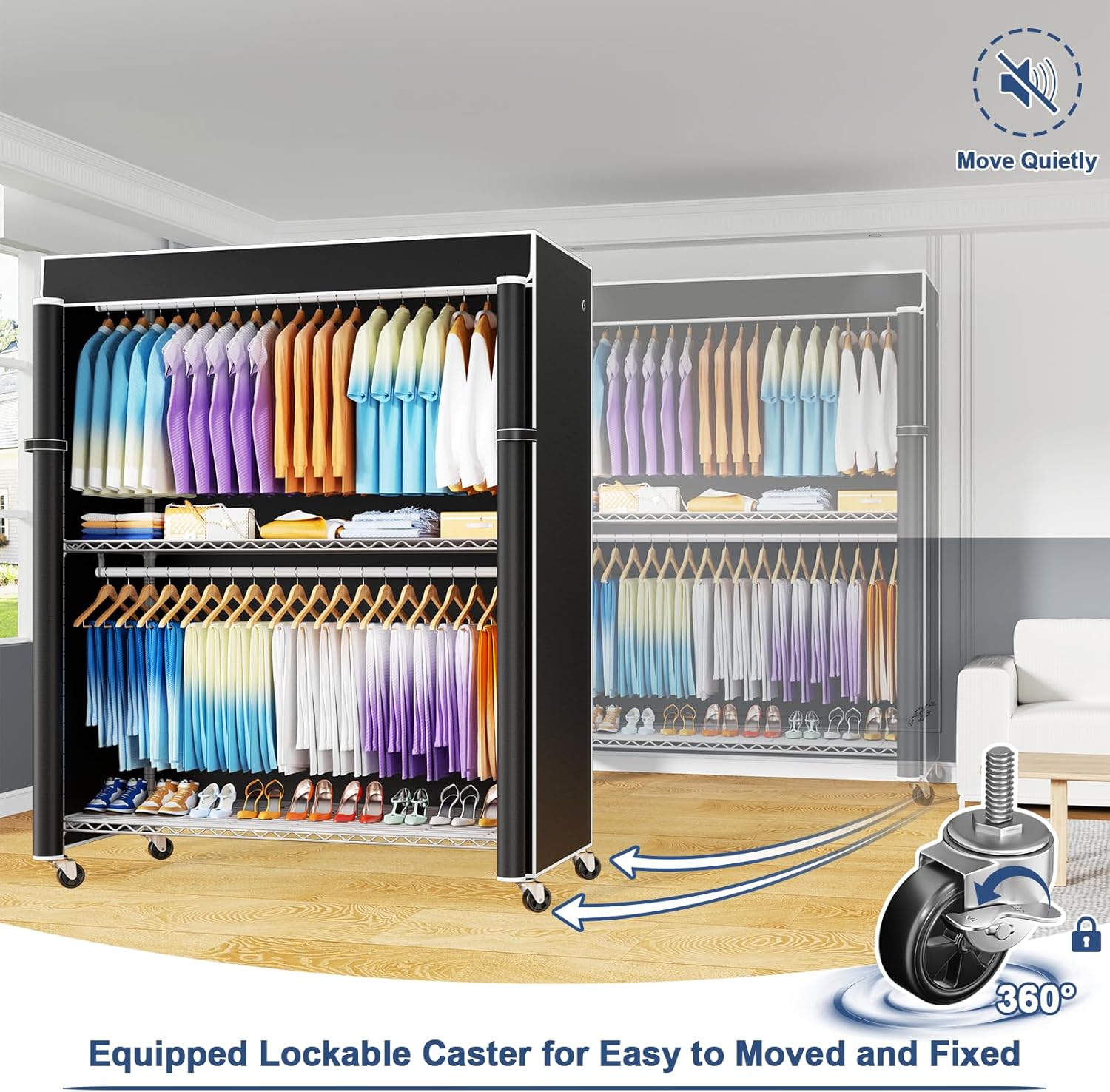 ULIFHOME P8C Max Heavy Duty Clothes Rack（With Extended Width Design） Rolling Clothing Racks for Hanging Clothes with Lockable Wheels，51.2"W x 15.8"D x 80.5"H，Load 700LBS，White Rack with Black Cover