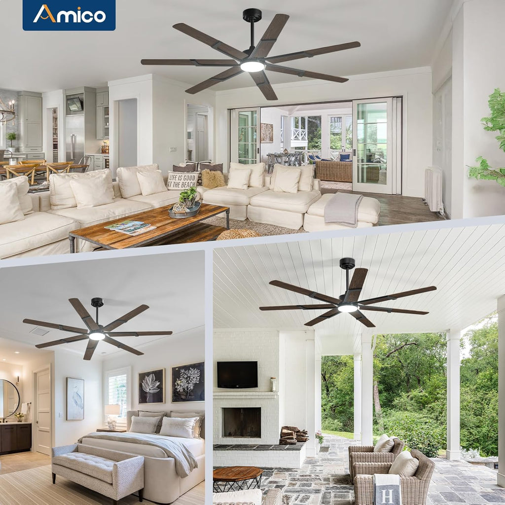 Amico Ceiling Fans with Lights,66 inch Walnut Ceiling fan with Light and Remote, 6 Speed Reversible DC Motor, 3CCT, Dimmable, Quiet, Timer, Outdoor Ceiling Fans for Patios, Indoor/Outdoor