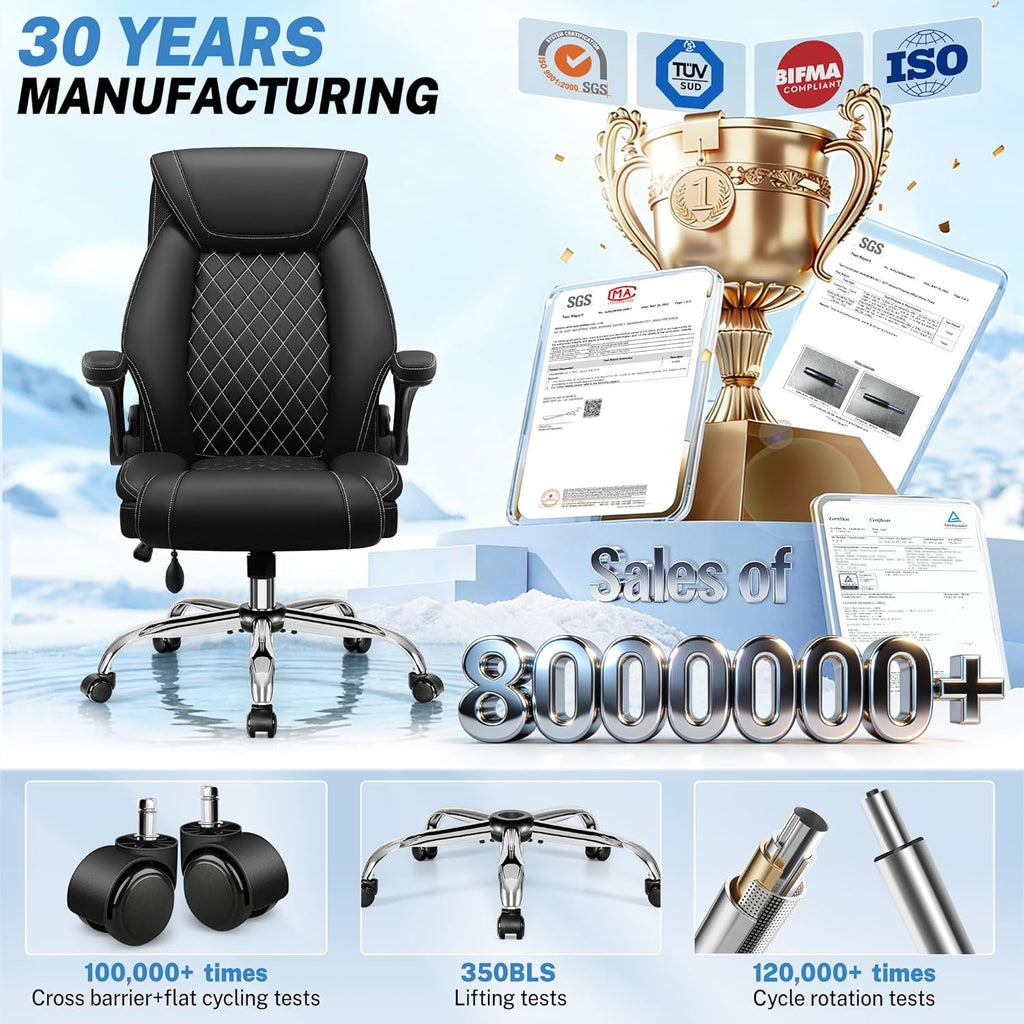 Office Chair, Big and Tall Ergonomic Desk Chair, Executive Leather Computer Chair with Adjustable Lumbar Support, Comfy Gaming Chair with Flip Up Arms, Swivel PC Chair with Rocking Function, Black