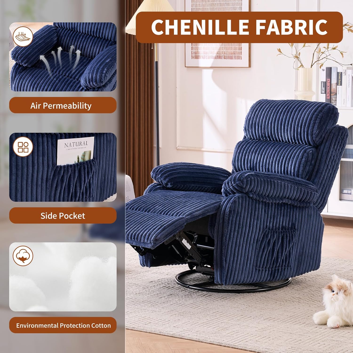 Premium Velvet 360° Swivel Recliner - High Back Gliding Rocking Chair Nursery Recliner Chair, Plush Footrest, Supportive Armrests & Side Pocket, Great for Nursery & Living Room, Blue