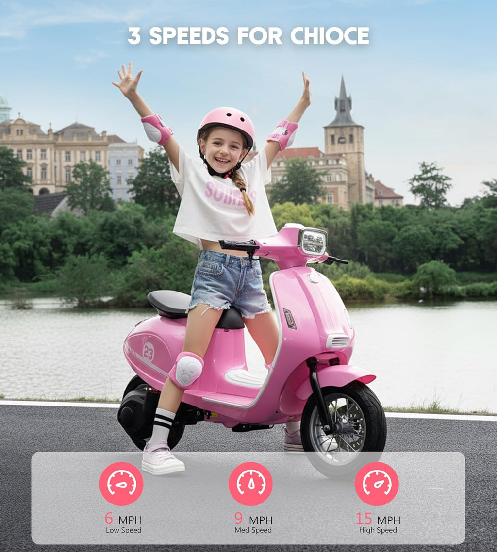 Kids Motorcycle, 2 Wheel Electric Motorcycle for Girls Ages 8-12, 24V Ride on Toys with Music, Story, Headlight, 3 Speed Options, Up to 60min Ride Time, for Riders up to 143 lbs, Easy Assemble, Pink