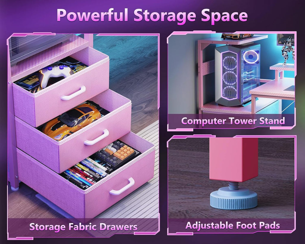 AODK 59 Inch Gaming Desk with USB Charging Ports & LED Light- Reversible Computer Desk with Storage Shelves & Monitor Stand, Modern Gamer Desk Table with Fabric Drawers, Pink