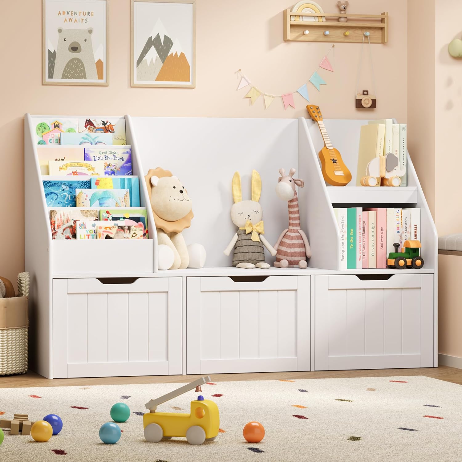 Gizoon Kids Bookshelf with Reading Nook, Kids Toy Storage Organizer with 3 Movable Drawers, Kids Reading Nook with Bench for Kidsroom Playroom and Bedroom, White