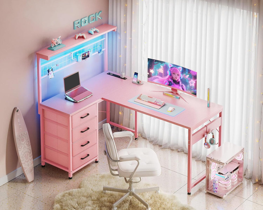 MOTPK L Shaped Gaming Desk with Drawers & LED Light & Power Outlet, 43" Reversible Computer Table with Shelves & Hooks for Home Office, Carbon Fiber Pink