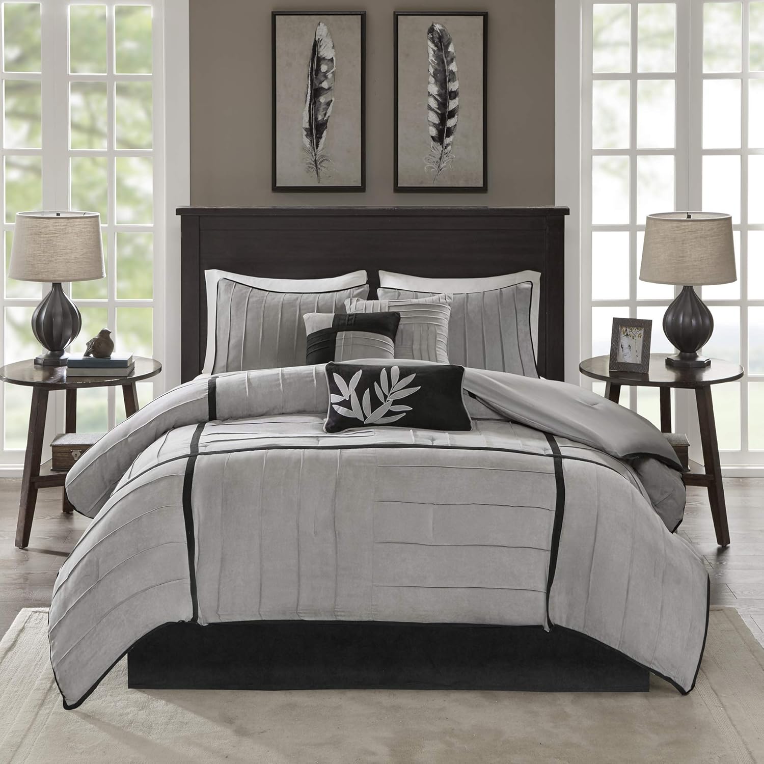 Madison Park Cozy Comforter Set Casual Blocks Design All Season, Matching Bed Skirt, Decorative Pillows, King(104"x92"), Dune Suede, Black Grey, 7 Piece