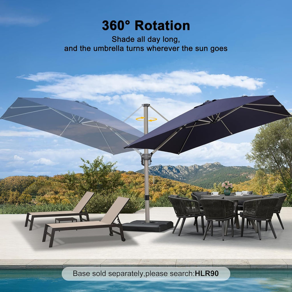PURPLE LEAF 10’ X 10‘ Patio Umbrella Outdoor Cantilever Umbrella, Aluminum Offset Umbrella with Champagne Frame and 360° Rotation for Pool Deck Garden, Navy Blue