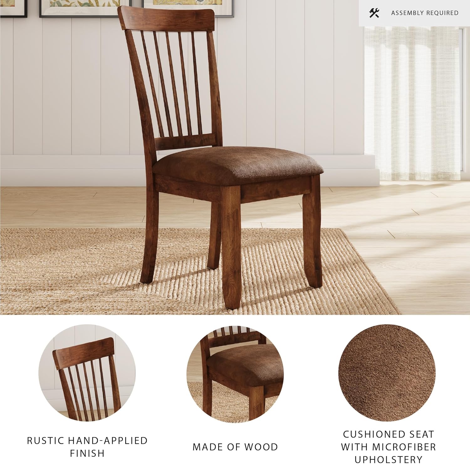 Signature Design by Ashley Berringer Dining Chairs Set of 2, Classic Wood Spindle-Back Design, Cushioned Microfiber Seat, Rustic Finish for Kitchen & Dining Room Chair, Walnut
