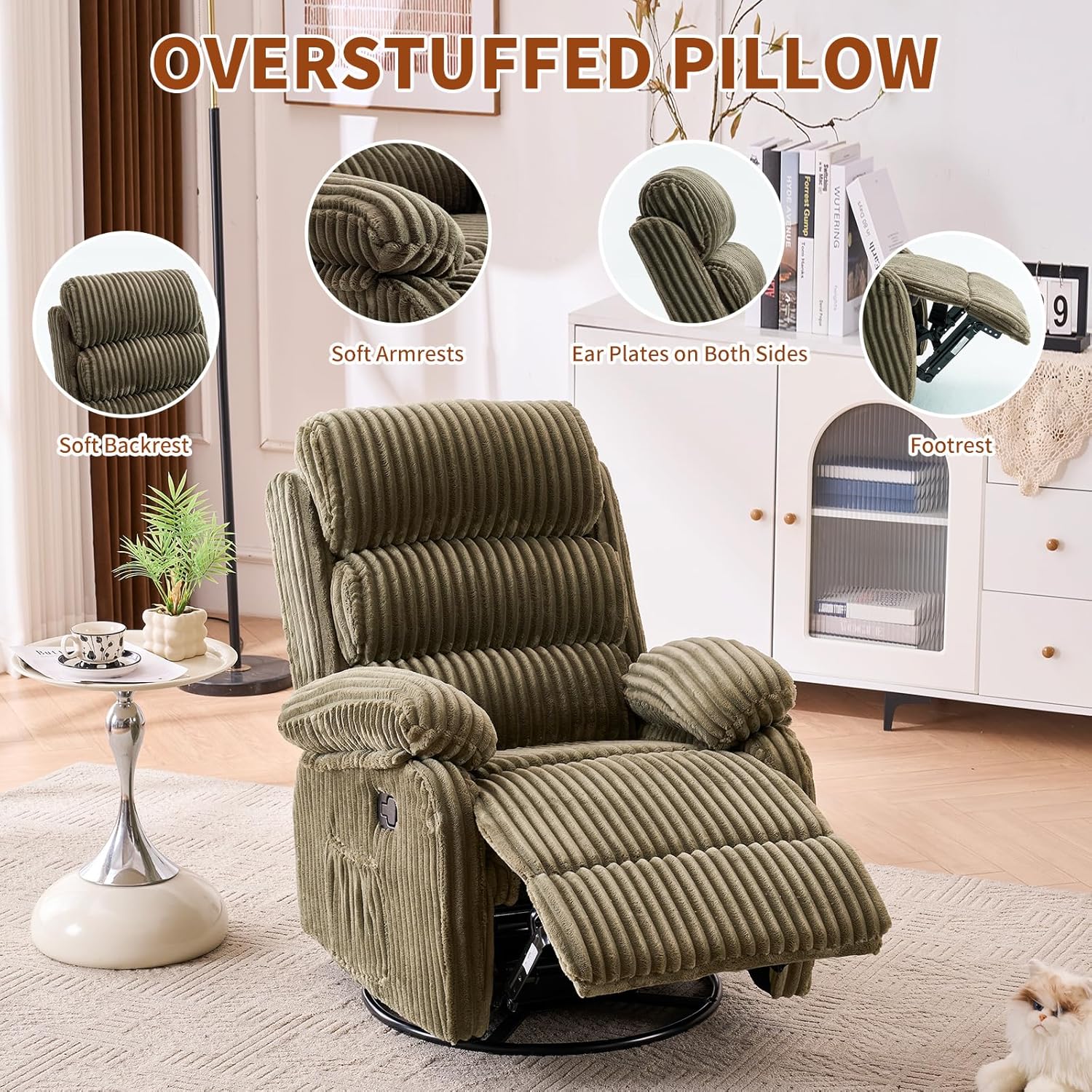 Cloud-Soft Velvet 360° Swivel Rocking Chair Nursery Recliner - High Back Gliding Recliner Chair, Plush Footrest, Supportive Armrests & Side Storage Pocket, Ideal for Nursery & Living Room, Green