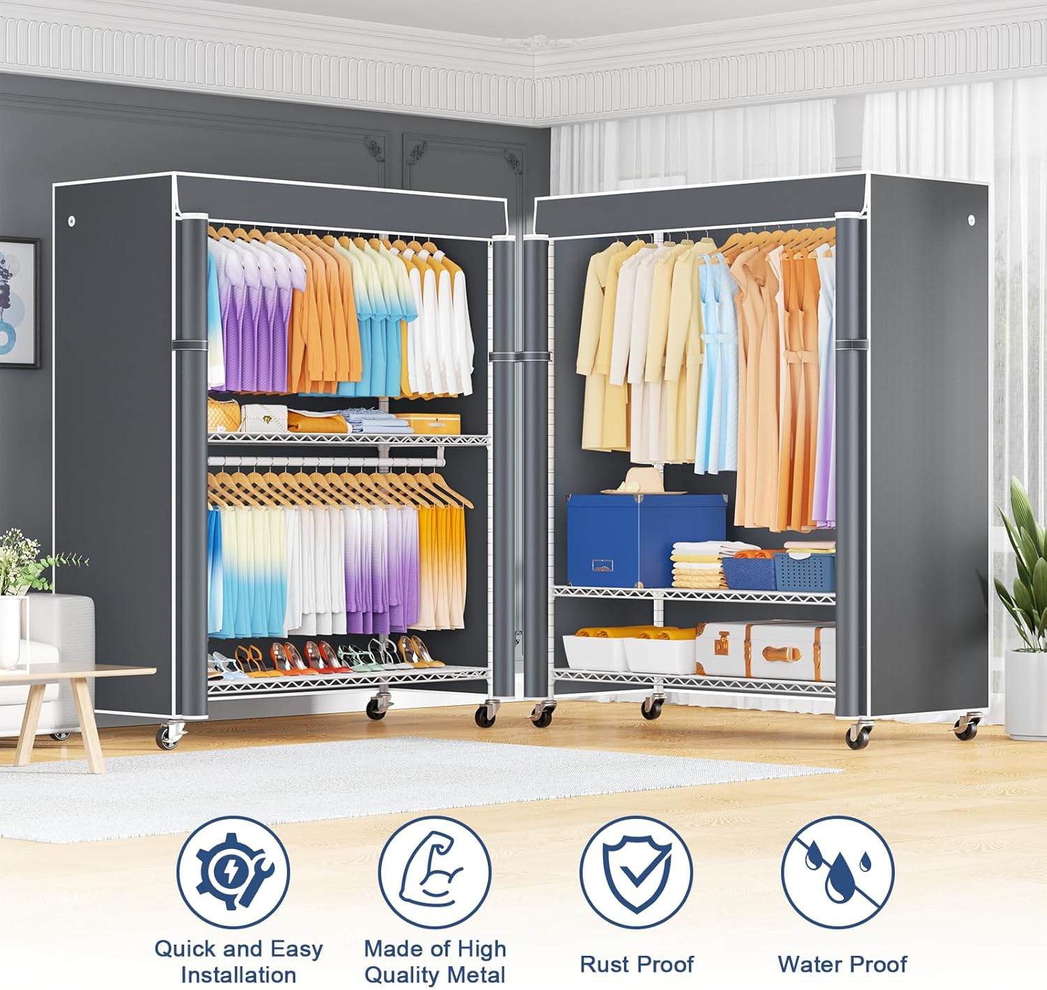 ULIFHOME P8C Max Heavy Duty Clothes Rack（With Extended Width Design） Rolling Clothing Racks for Hanging Clothes with Lockable Wheels，51.2" W x 15.8" D x 80.5" H，Load 700LBS，White Rack with Grey Cover