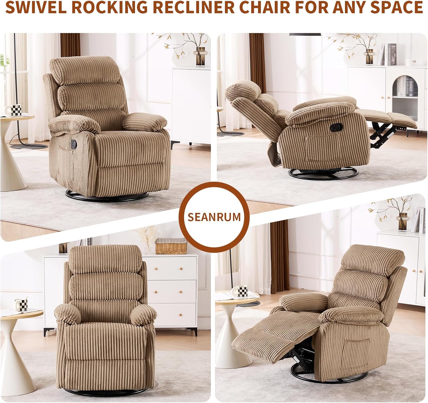 Velvet Upholstered Glider Recliner Chair – 360° Swivel Rocker Chair for Adults, Small Rocking Chair for Small Spaces, Soft Fabric Recliner Chair with Side Pockets, Comfortable Nursery Chair,Brwon