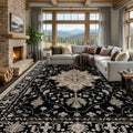 RELEANY Area Rugs 9'x12' Washable Non-Slip, Floral Vintage Distress Print Pattern Medallion Carpet for Living Room Bedroom Dining Room, Black Brown Neutral Dark Tan