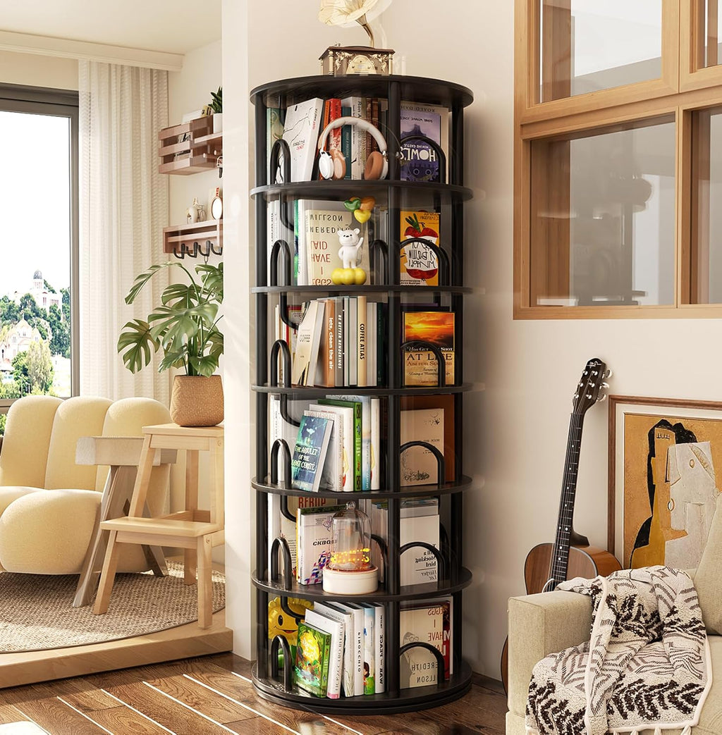 Aheaplus 6 Tier Rotating Bookshelf Tower, Revolving Bookcase, 360° Round Spinning Book Shelf, Narrow Swivel Bookshelves Vertical Rolling Turning Corner Bookshelf Organizer for Small Space, Black