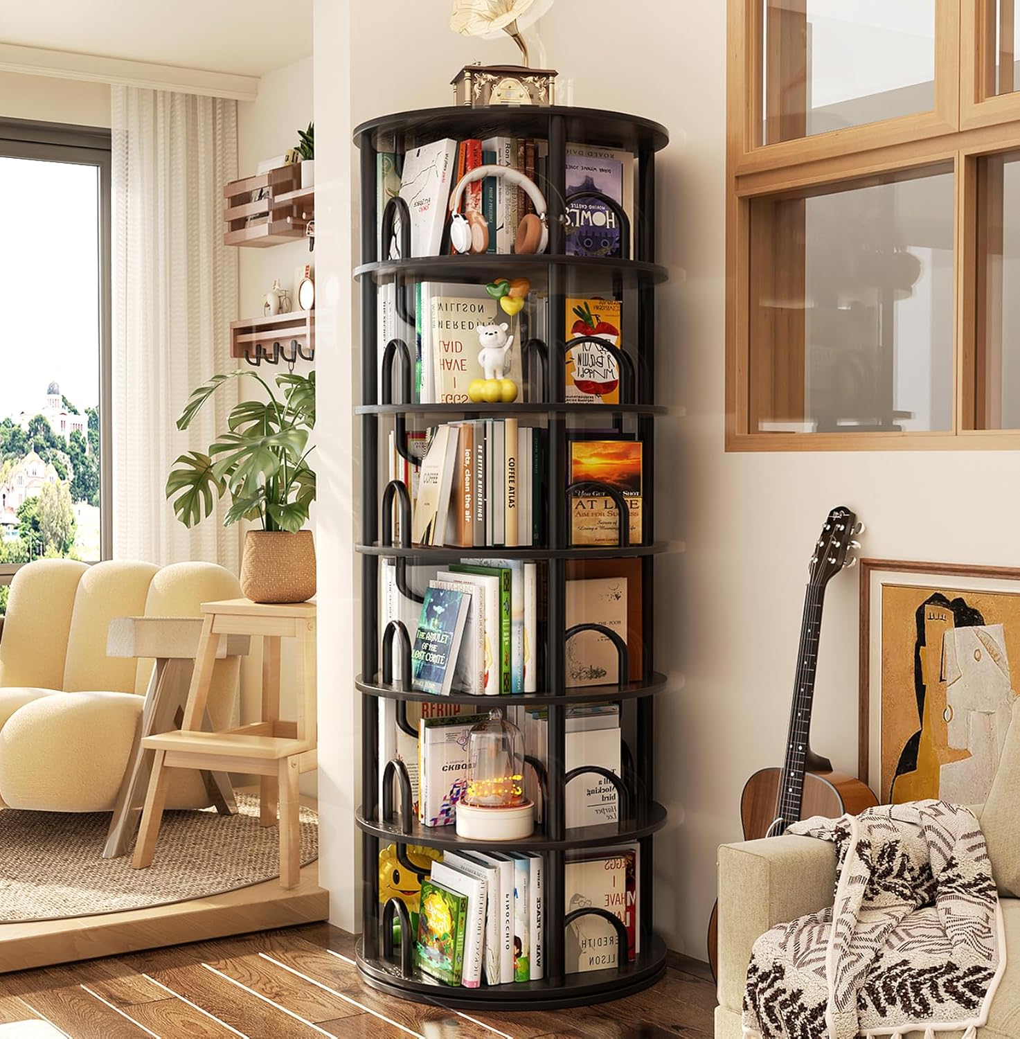 Aheaplus 6 Tier Rotating Bookshelf Tower, Revolving Bookcase, 360° Round Spinning Book Shelf, Narrow Swivel Bookshelves Vertical Rolling Turning Corner Bookshelf Organizer for Small Space, Black