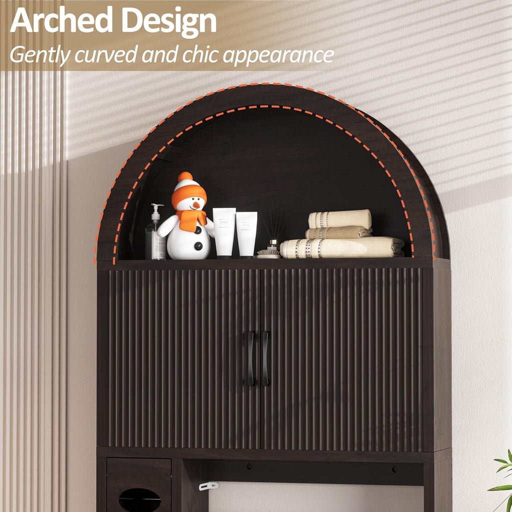 Spurgehom Over The Toilet Storage Cabinet, Bathroom Shelf Organizer Freestanding, Bathroom Arch Cabinet Over Toilet with Toilet Paper Holder and Anti-Tipping Device (Coffee)