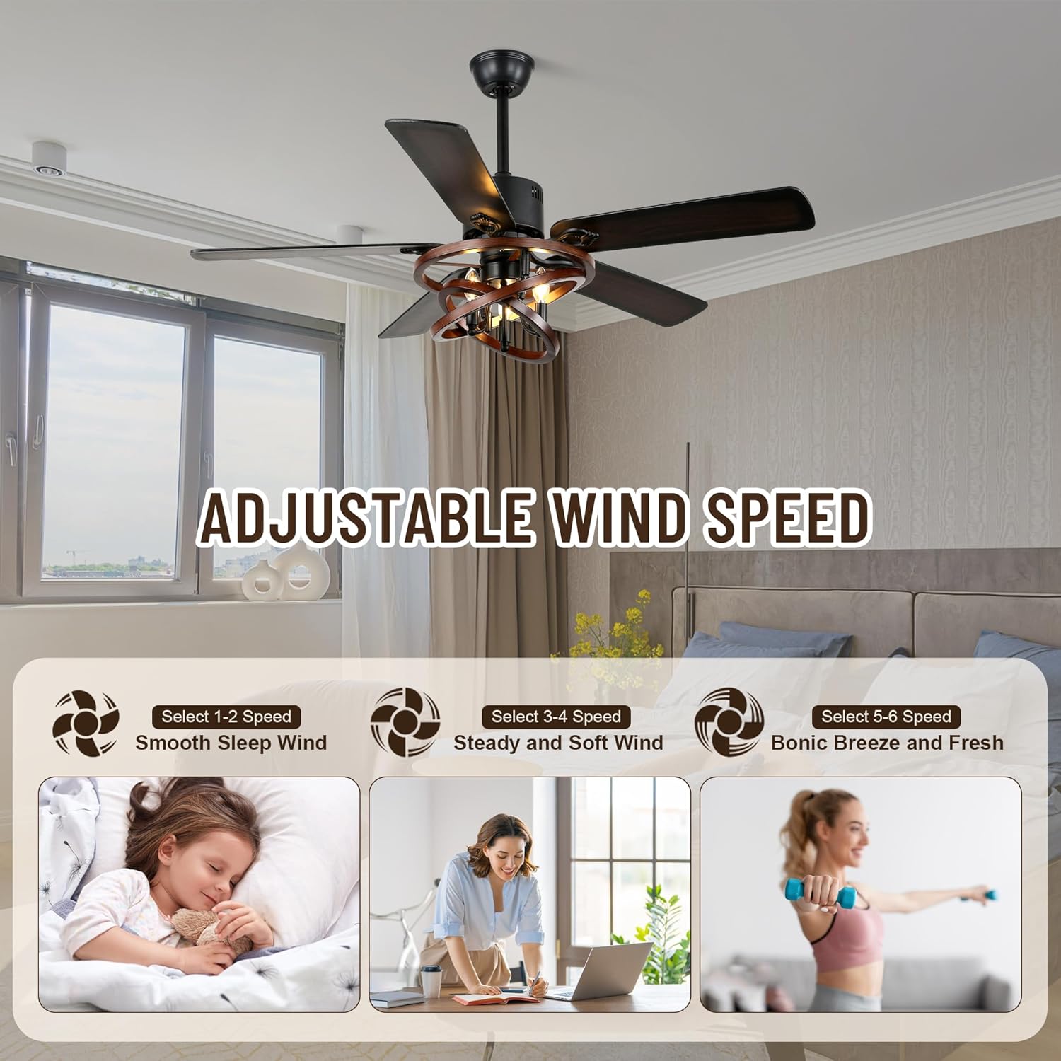 52" Ceiling Fan with Lights and Remote,Industrial Farmhouse Ceiling Fan with Adjustable Wood Grain Iron Cage,5 Reversible Dual-Color Blades,DC Quiet Motor,6 Speeds,Timer for Bedroom Living Room
