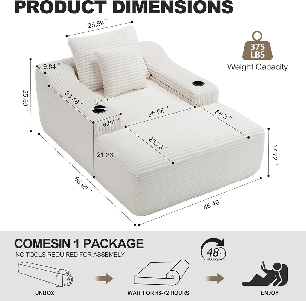Chaise Lounge Chair Indoor, Cloud Sofa Bed with Cup Holders, Corduroy Upholstered Couch with 17.71" Seat High, Lazy Sofa Bed for Living Room Apart, Fully Assembled - White