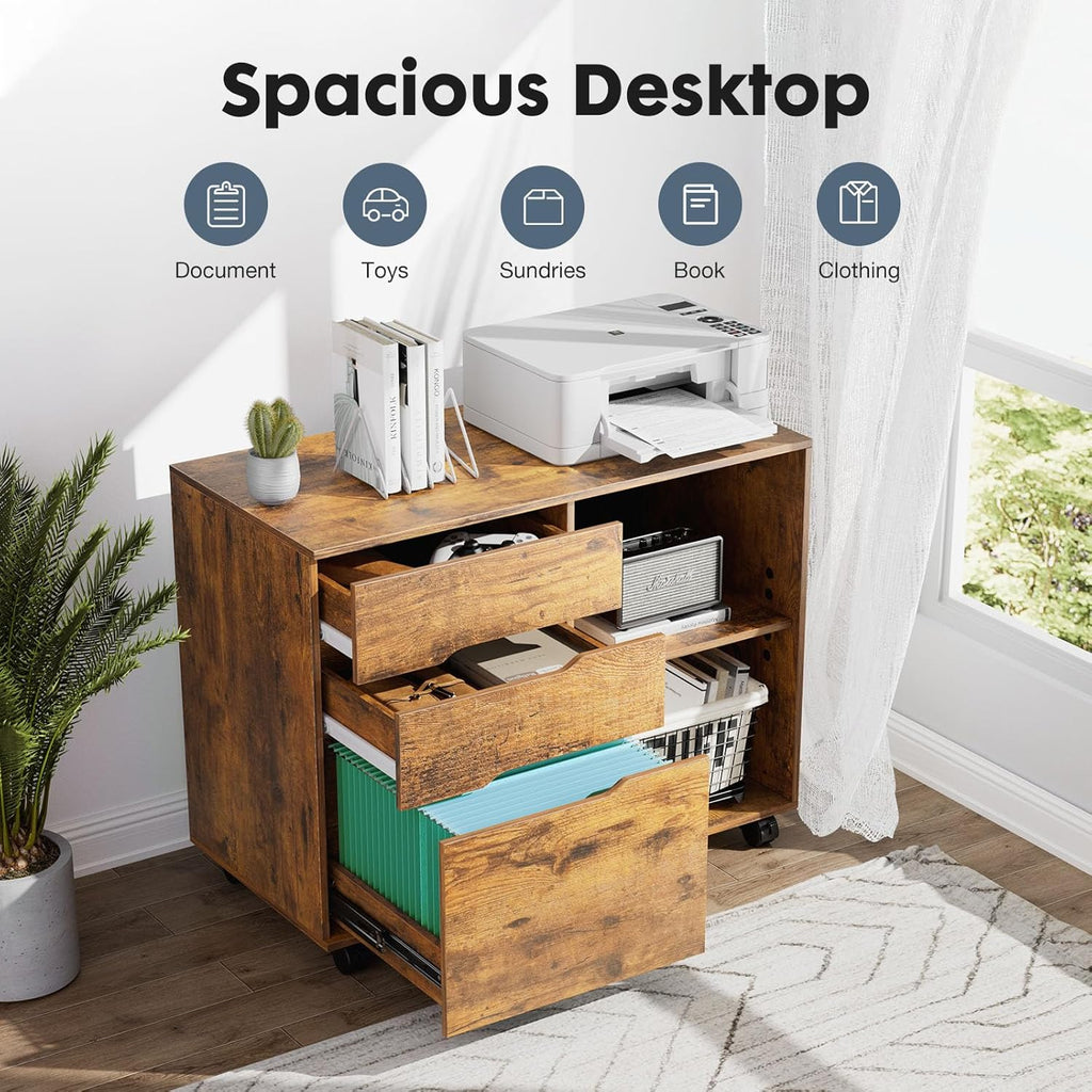 DUMOS Lateral File Cabinet with 3 Drawers Rolling Filing Cabinets Under Desk Storage Printer Stand Wood Organizer with Wheels Adjustable Shelf for Office Home Small Space, Brown
