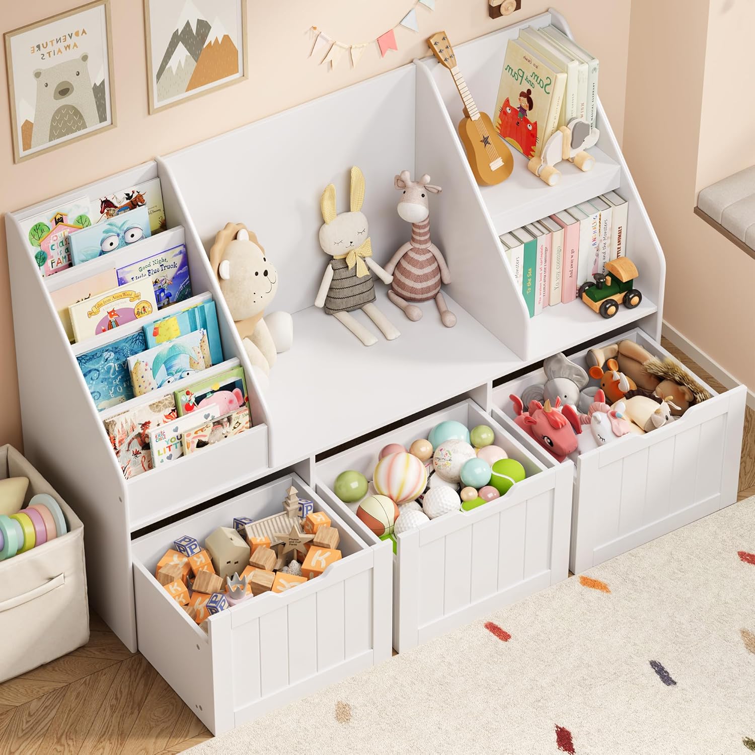 Gizoon Kids Bookshelf with Reading Nook, Kids Toy Storage Organizer with 3 Movable Drawers, Kids Reading Nook with Bench for Kidsroom Playroom and Bedroom, White