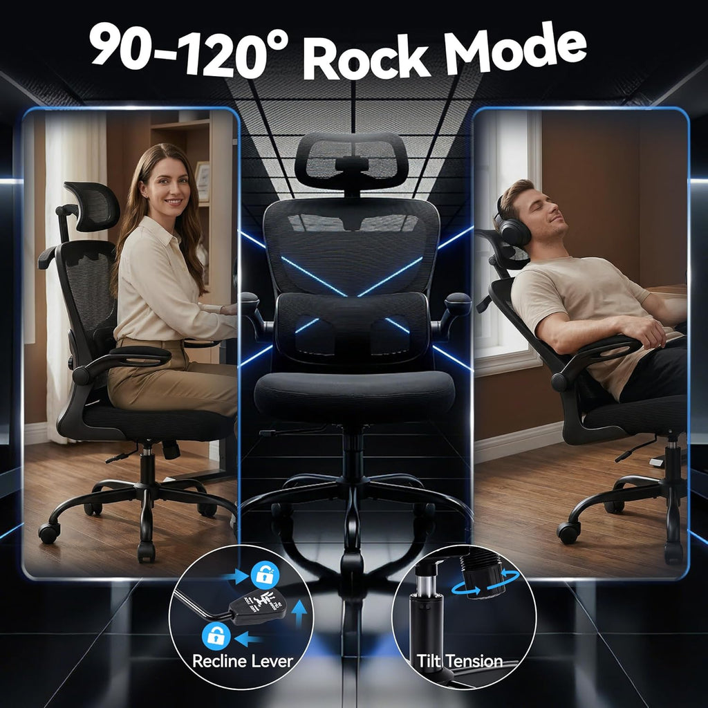 AreShark Office Chair-Ergonomic Desk Chair with Hidden Hanger & Flip-Up Arms, High Back Mesh Computer Chair with 2D Headrest & Adjustable Lumbar, Comfy Rolling Task Chair for Home Work Gaming, Black