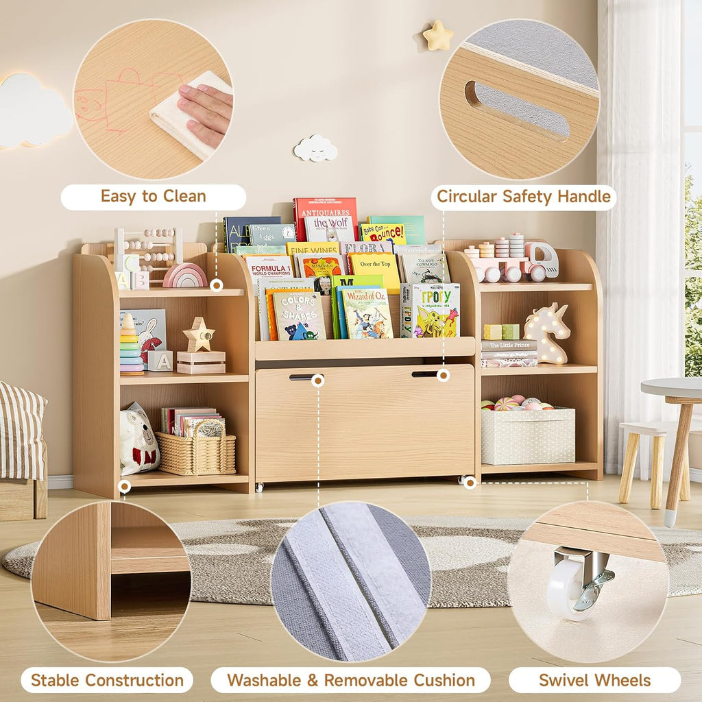 ONBRILL Kids Bookshelf with Reading Nook, 64.5" Toy Storage Organizer with Movable Bench with 3 Storage, Kids Bookcase with 3-Tier Bookshelf, 6 Storages Cubbies, Toy Box & Chest for Bedroom, Playroom