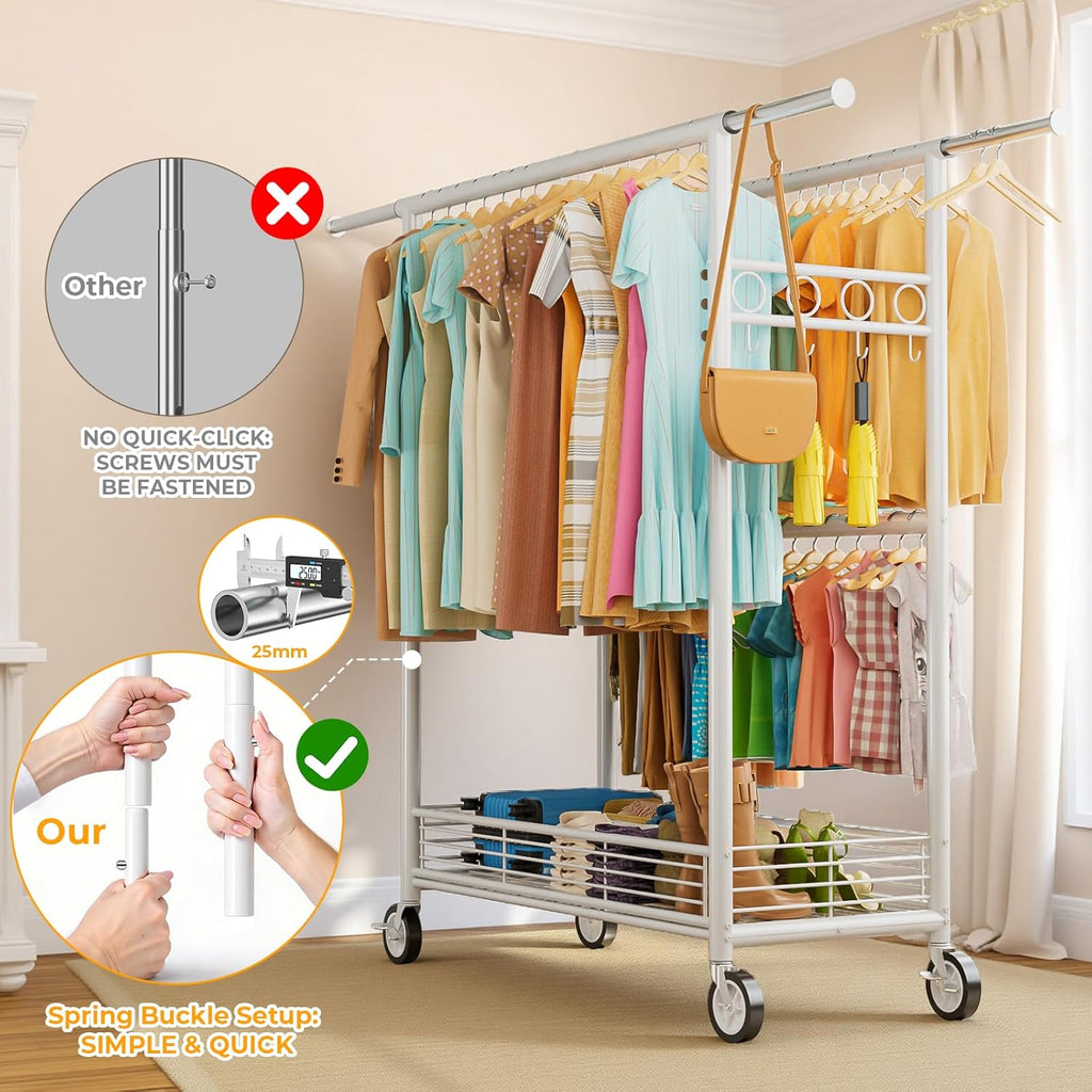 Heavy Duty Clothes Rack Load 960LBS, Three Rods Rolling Clothing Racks for Hanging Clothes, Rolling Garment Rack With Sturdy Wheels Shelves Hooks, Portable & Adjustable Commercial Garment Rack, White