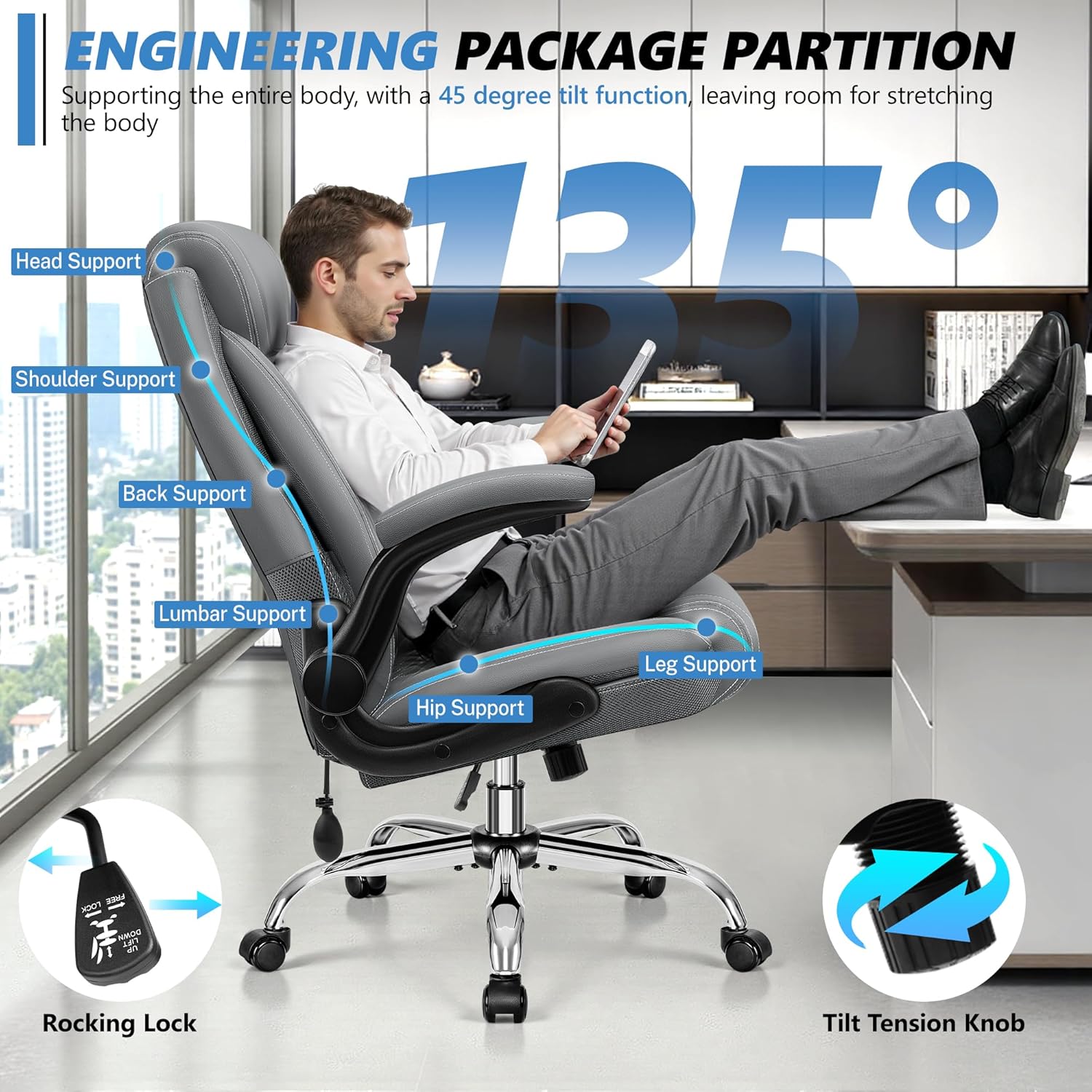 Office Chair, Big and Tall Ergonomic Desk Chair, Executive Leather Computer Chair with Adjustable Lumbar Support, Comfy Gaming Chair with Flip Up Arms, Swivel PC Chair with Rocking Function, Gray