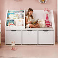 40" Kids Reading Nook with Bench, Toy Storage Organizer and Bookshelf with Seat Cushion, Kids Bookshelf with 3 Movable Drawers, Toy Storage Box on Wheels, Ideal for Nursery, Playroom, Bedroom, White