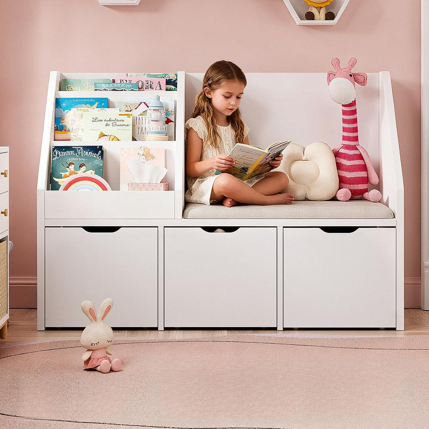 40" Kids Reading Nook with Bench, Toy Storage Organizer and Bookshelf with Seat Cushion, Kids Bookshelf with 3 Movable Drawers, Toy Storage Box on Wheels, Ideal for Nursery, Playroom, Bedroom, White