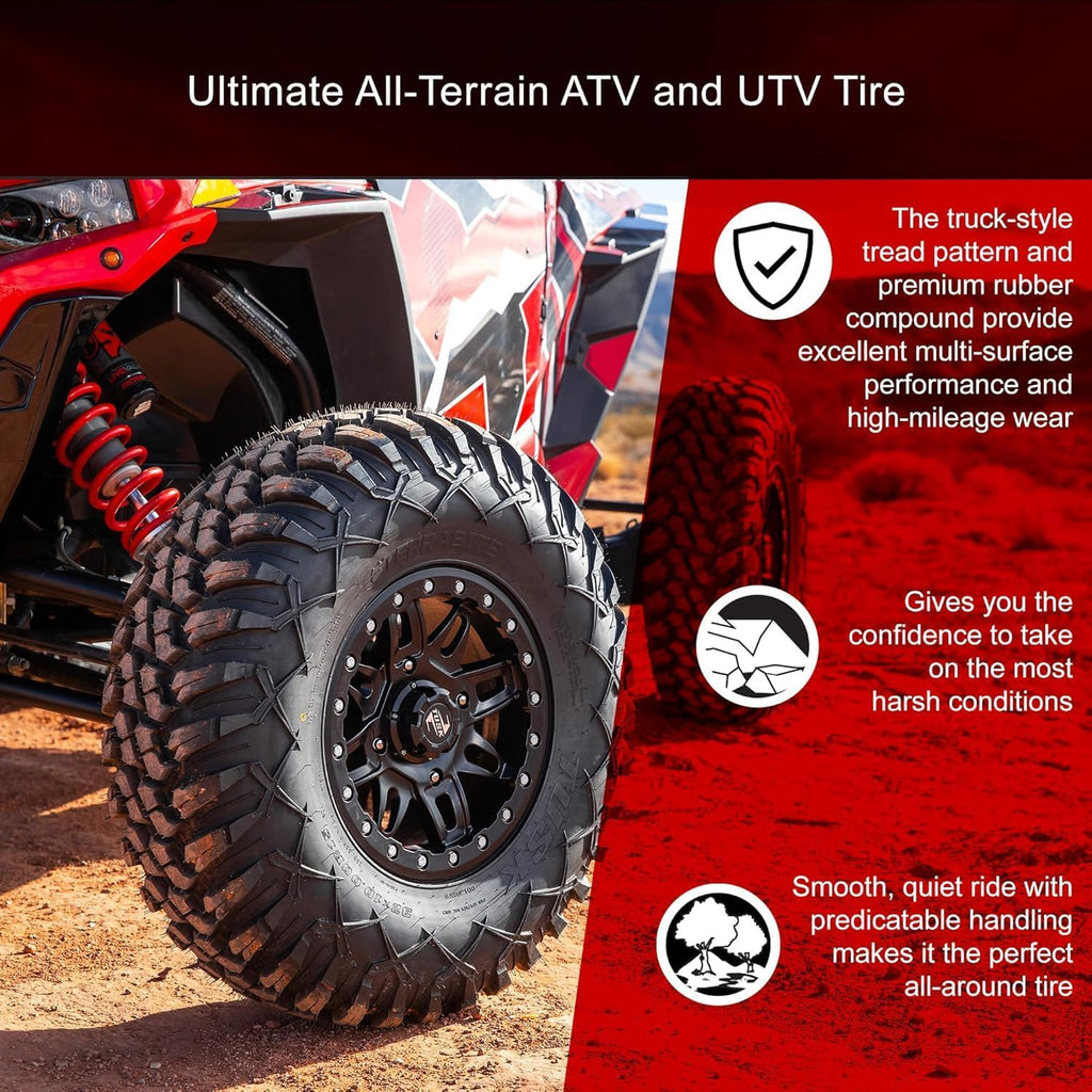 Tusk Set of 30x10-14 TERRABITE Heavy Duty 8-Ply Radial UTV Tires mounted on CASCADE Wheels - Compatible with POLARIS applications 4/156 bolt pattern Includes Lug Nuts (4+3 Offset, Machined/Black)