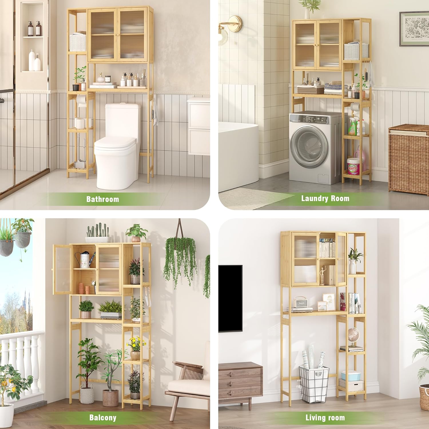 Over the Toilet Storage Cabinet Above Toilet Bathroom Organizer with Toilet Paper Holder Stand Bath Organizer with Adjustable Shelves & Acrylic Doors,Anti-Tip Device (Nature)