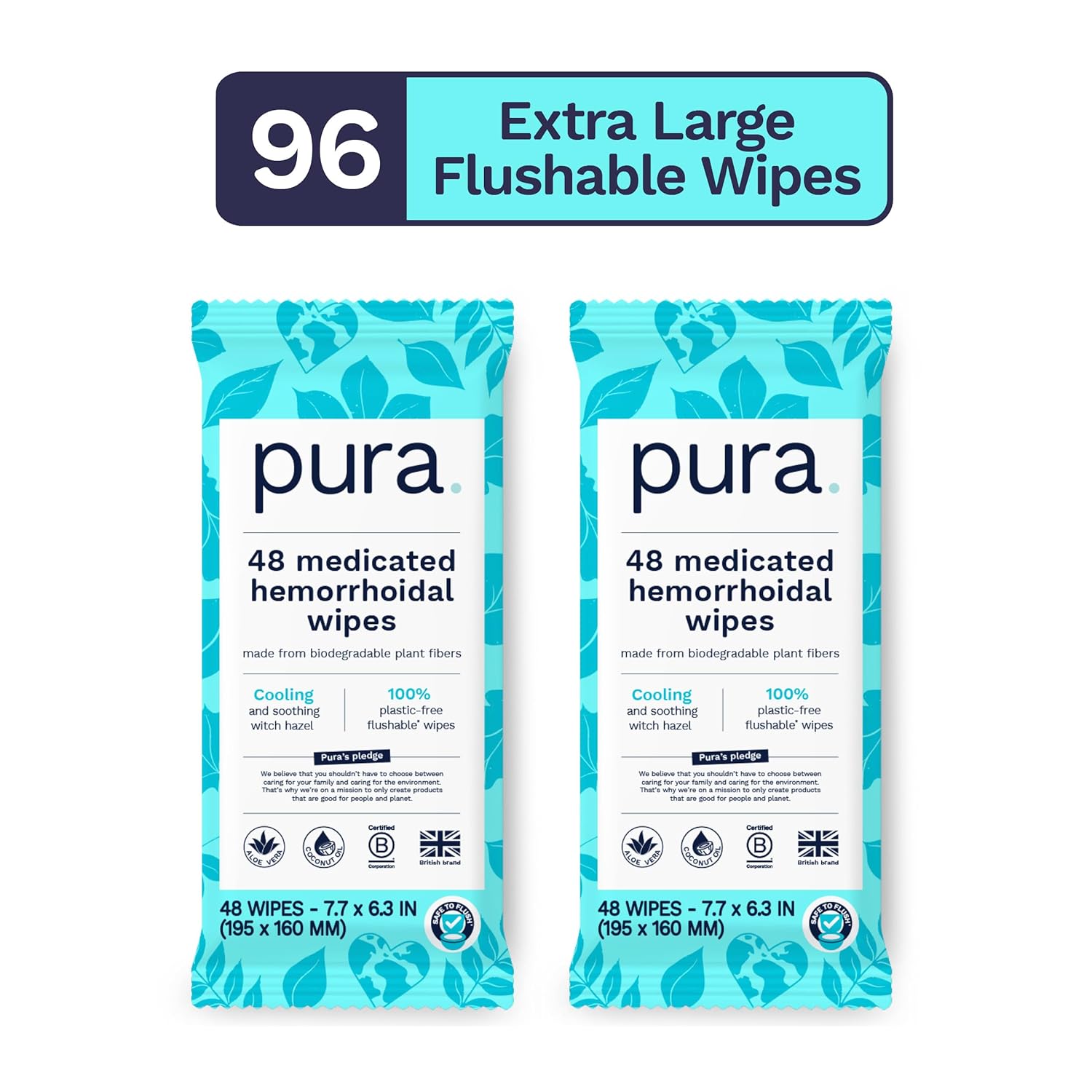 Pura XL Flushable Medicated Wipes for Hemorrhoid Relief, Extra-Large, Fragrance-Free Wet Wipes with Witch Hazel, Coconut Oil & Aloe, Skin Soothing, 96 Wipes (2 Packs)