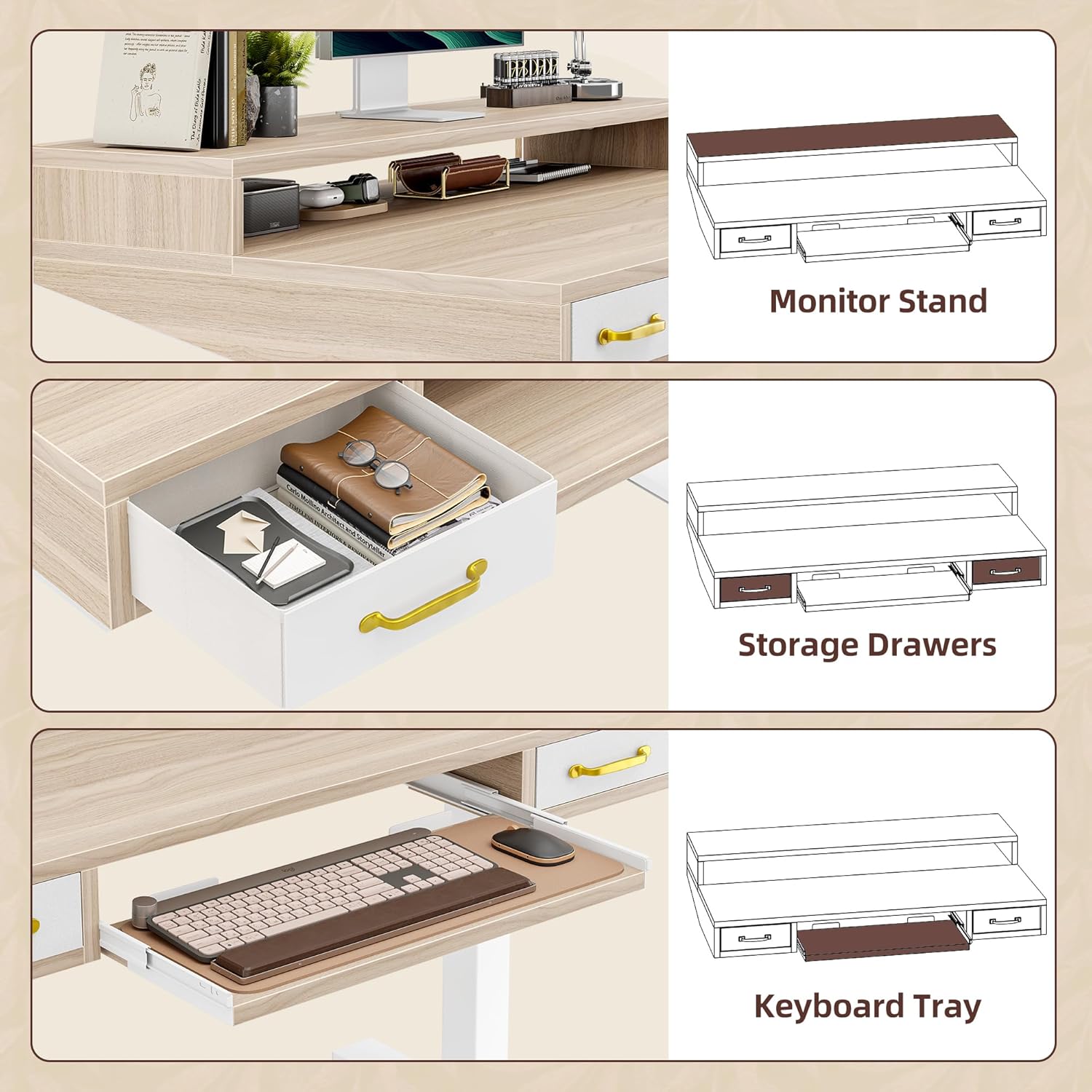 TIQLAB Standing Desk with Two Drawers, Stand Up Standing Desk Adjustable Height, Electric Sit Stand Table with Storage Shelf and Splice Board, with LED Light, 47 * 28 inch, Light Walnut