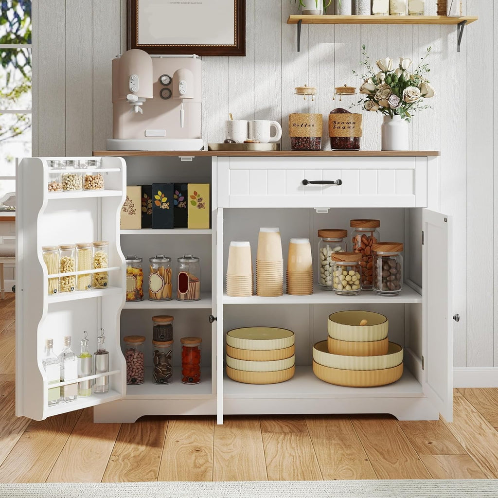 Gizoon Kitchen Coffee Bar Cabinet with Storage Kitchen Sideboard Buffet Cabinet with Drawers, Short Pantry with Door and Shelves for Bathroom and Living Room, White and Rustic