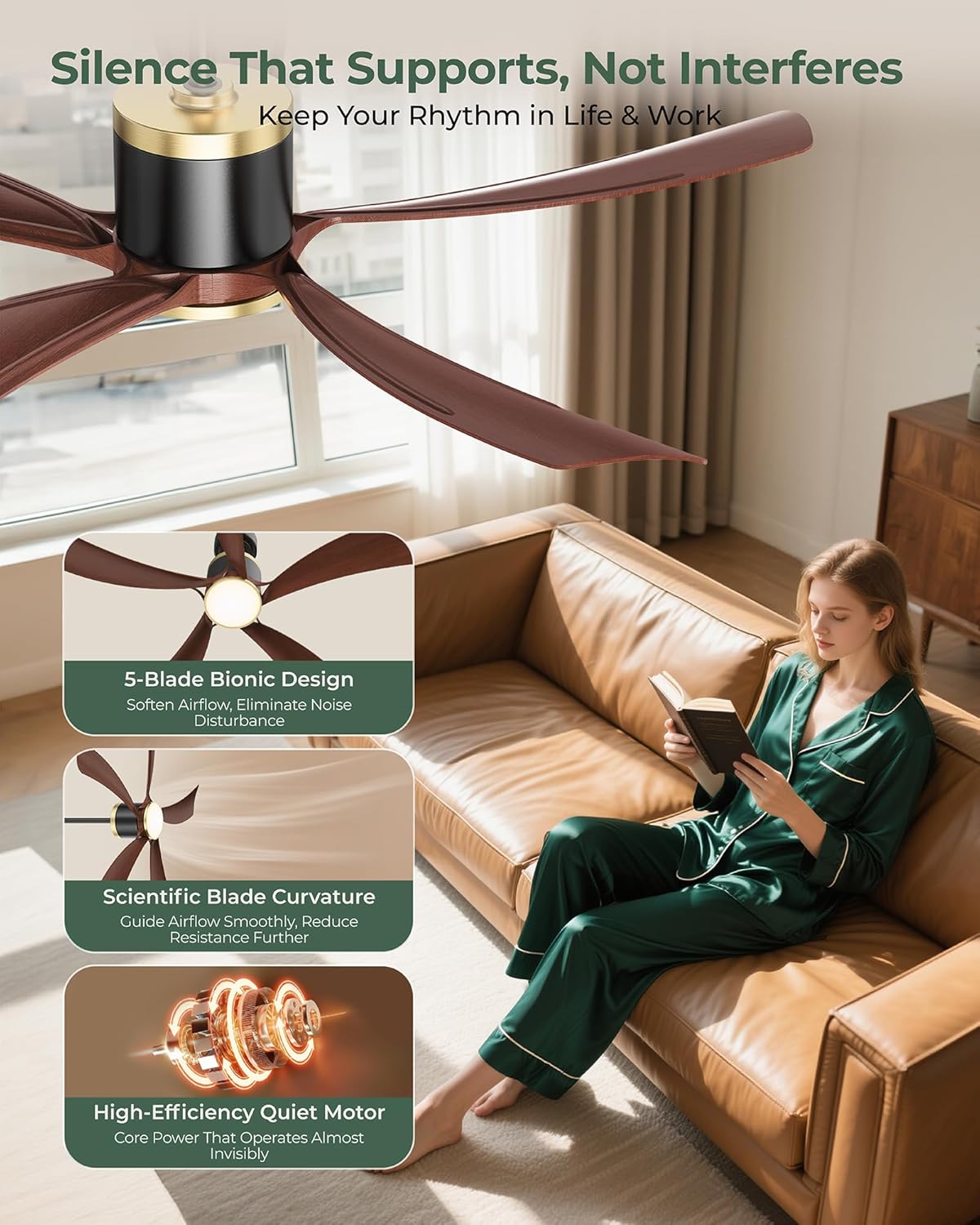 BLNAN 52" Premium Walnut Solid Wood Ceiling Fan with Light - Whisper-Quiet DC Motor, 6 Speeds, 3000K-6000K Dimmable LED, Remote Control with Timer, 2 Downrods for Indoor/Outdoor, A++ Energy Saving