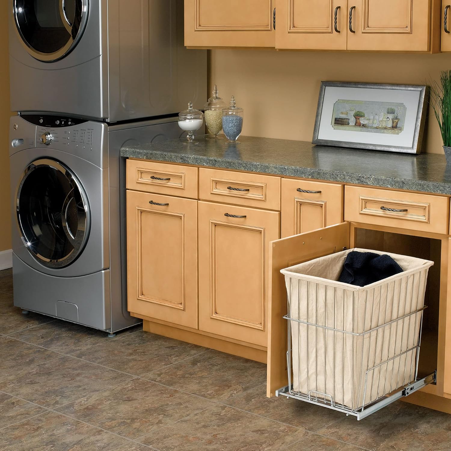 Rev-A-Shelf Pullout 20 Inch Deep Cabinet Floor Steel Mounted Clothes Laundry Hamper with Full Extension Slides, Chrome, HRV-1520 S CR - Hidden Storage Basket Organizer for Laundry Room and Bathroom