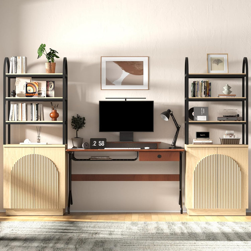 Brafab 71" Arched Bookcase with Reeded Design Doors, 7-Tier Bookshelf with Storage and Cabinet,Metal Frame Adjustable Shelves, for Living Room, Office, Library,Study (Natural Oak, 1 PCS)
