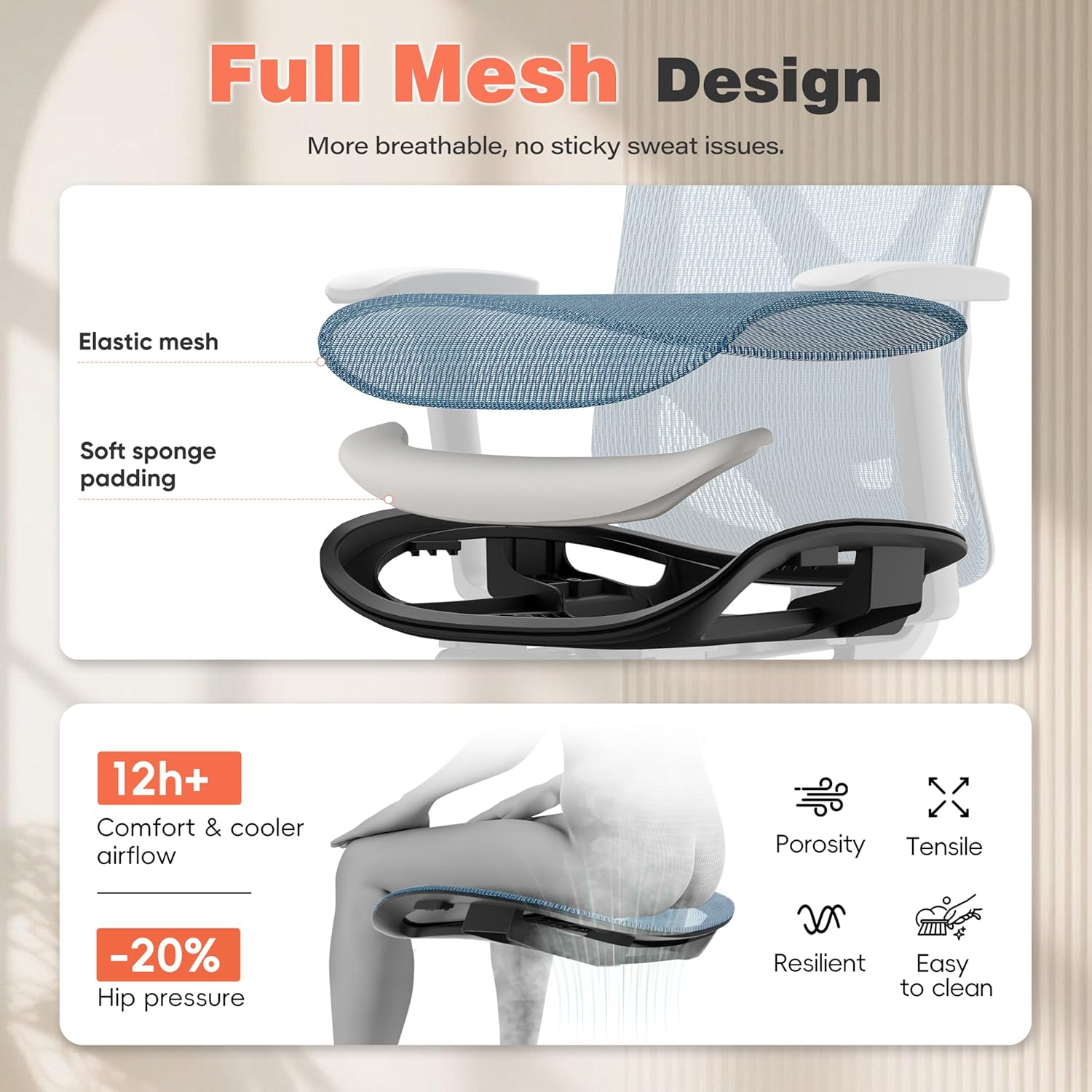 GABRYLLY Ergonomic Office Chair - 135° Reclining Desk Chair with Adjustable Lumbar Support, 3D Armrest, Large Headrest & Heavy Duty Steel Base, 300LBS Mesh Task Chair, Navy Blue