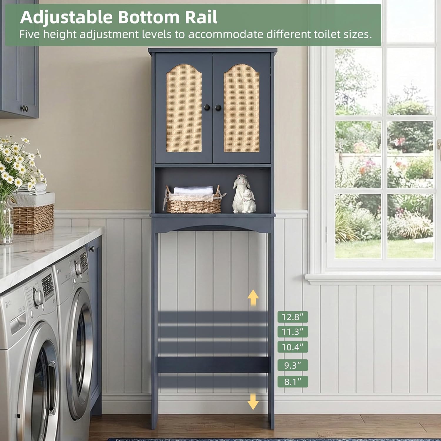 Premium Over The Toilet Storage Cabinet, Boho & Farmhouse Rattan Bathroom Organizer, Adjustable Bottom Bar for Water Valve Clearance, Navy Blue P2 MDF, 24"x70"