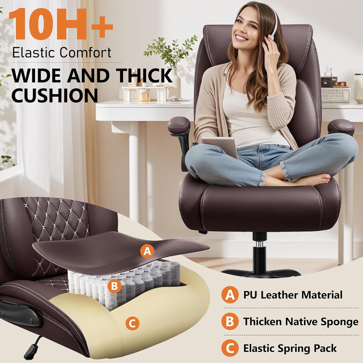 BESTFAIR Office Chair, Executive Computer Desk Chair with Lumbar Support for Lower Back Pain Relief, Ergonomic Leather Home Chair Comfy with Padded Flip-up Arms and Adjustable Armrests, Coffee