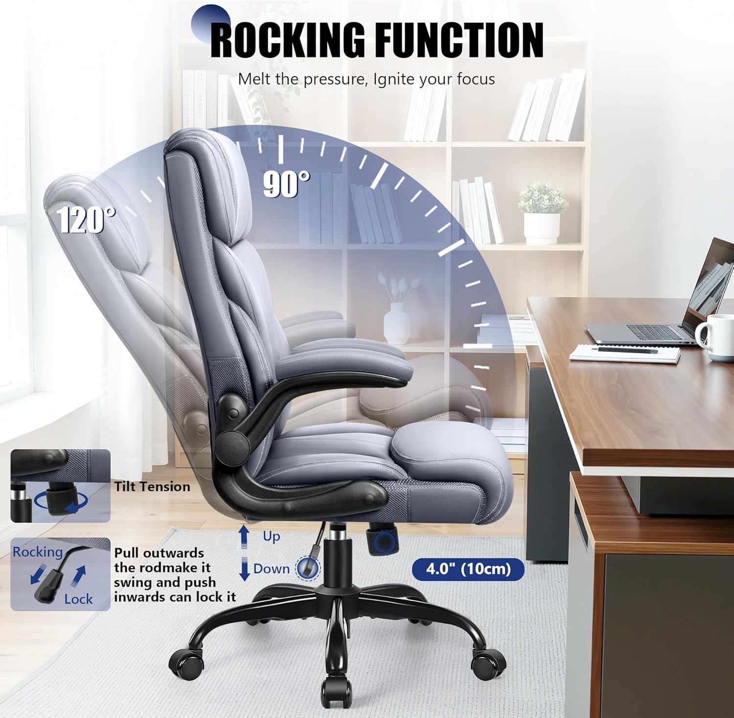 Primy Office Chair, Ergonomic Leather Desk Chair with Flip-up Armrests, Big and Tall High Back Executive Computer & Gaming Chair with Footrest, Comfy Padded, Rocking Function and Lumbar Support(Gray)