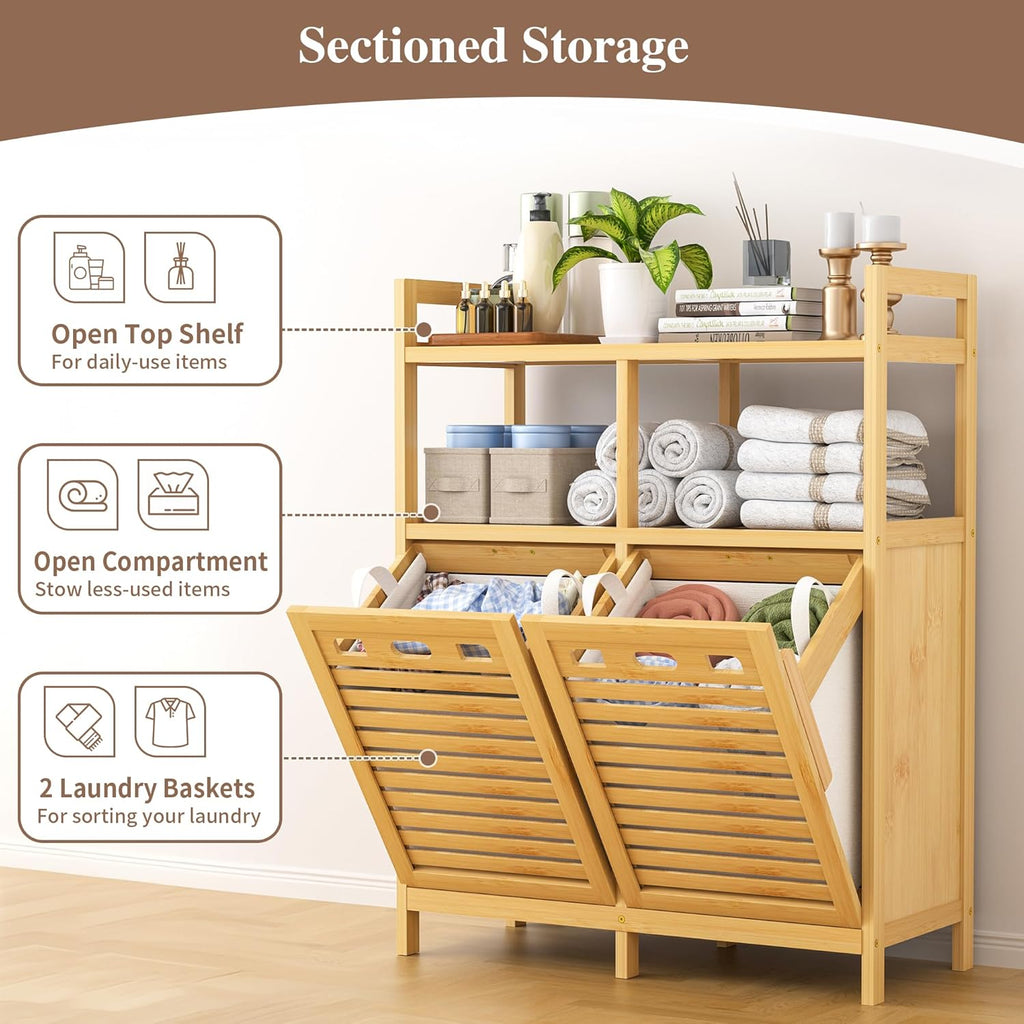 VASMIA Tilt Out Laundry Hamper Cabinet, Bamboo Double Laundry Hamper with 2 Removable Laundry Baskets, 20 Gal Laundry Sorter Organizer with Shelf for Dirty Clothes, Bathroom, Laundry Room, Natural