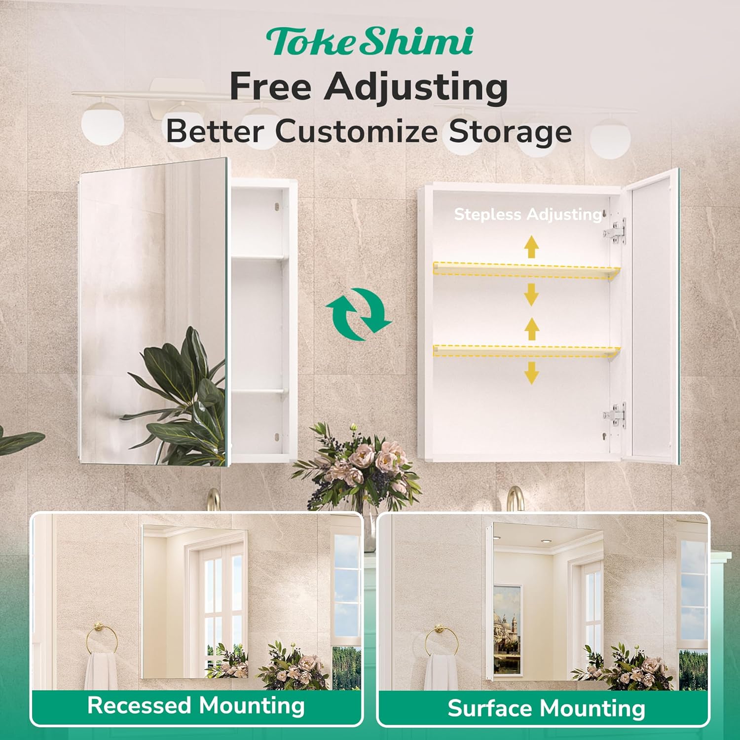 TokeShimi 20x26 Medicine Cabinet Mirror with Storage Tempered, Aluminum Surface Mount or Recessed Medicine Cabinet White with Adjustable Shelves for Bathroom Vanity Modern Farmhouse