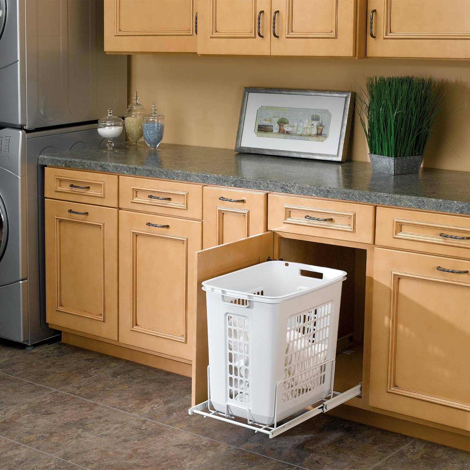 Rev-A-Shelf Pullout 20" Deep Cabinet Floor Steel Mounted Polymer Plastic Clothes Laundry Hamper with Full Extension Slides, White, HPRV-1520 S - Hidden Storage Organizer for Laundry Room and Bathroom