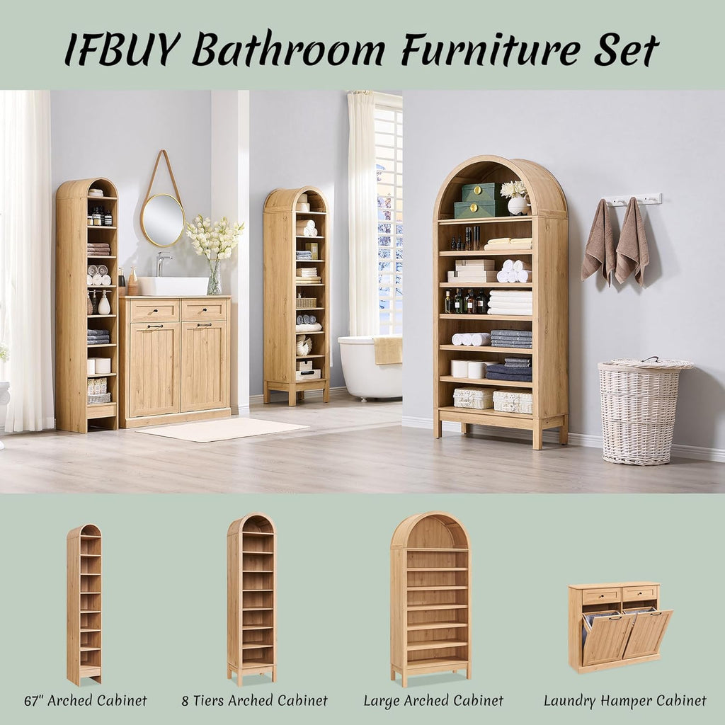IFBUY Double Tilt Out Laundry Hamper Cabinet, 20 Gallon Farmhouse Trash Can Cabinet with Drawer, Hidden Wood Garbage Can Bin Cabinets with Laundry Storage Basket for Bathroom, Kitchen (Natural)