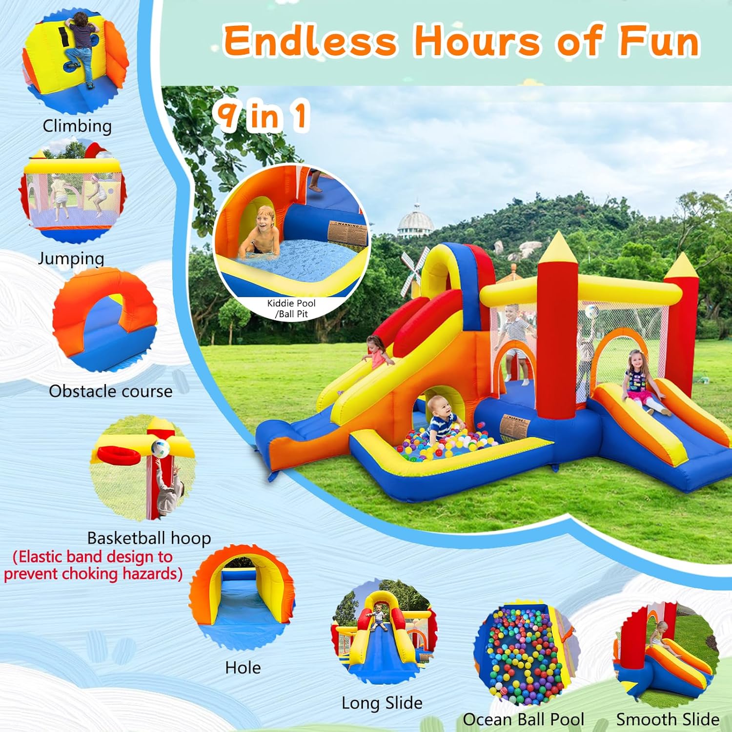 Umbalir Bounce House, Inflatable Bounce House for Kids 3-10, Kids Bounce House with Long Slide, Ball Pit/Pool, Obstacles, Tunnel, Climbing Wall, Bouncy House Indoor & Outdoor Toddler Bouncy Fun
